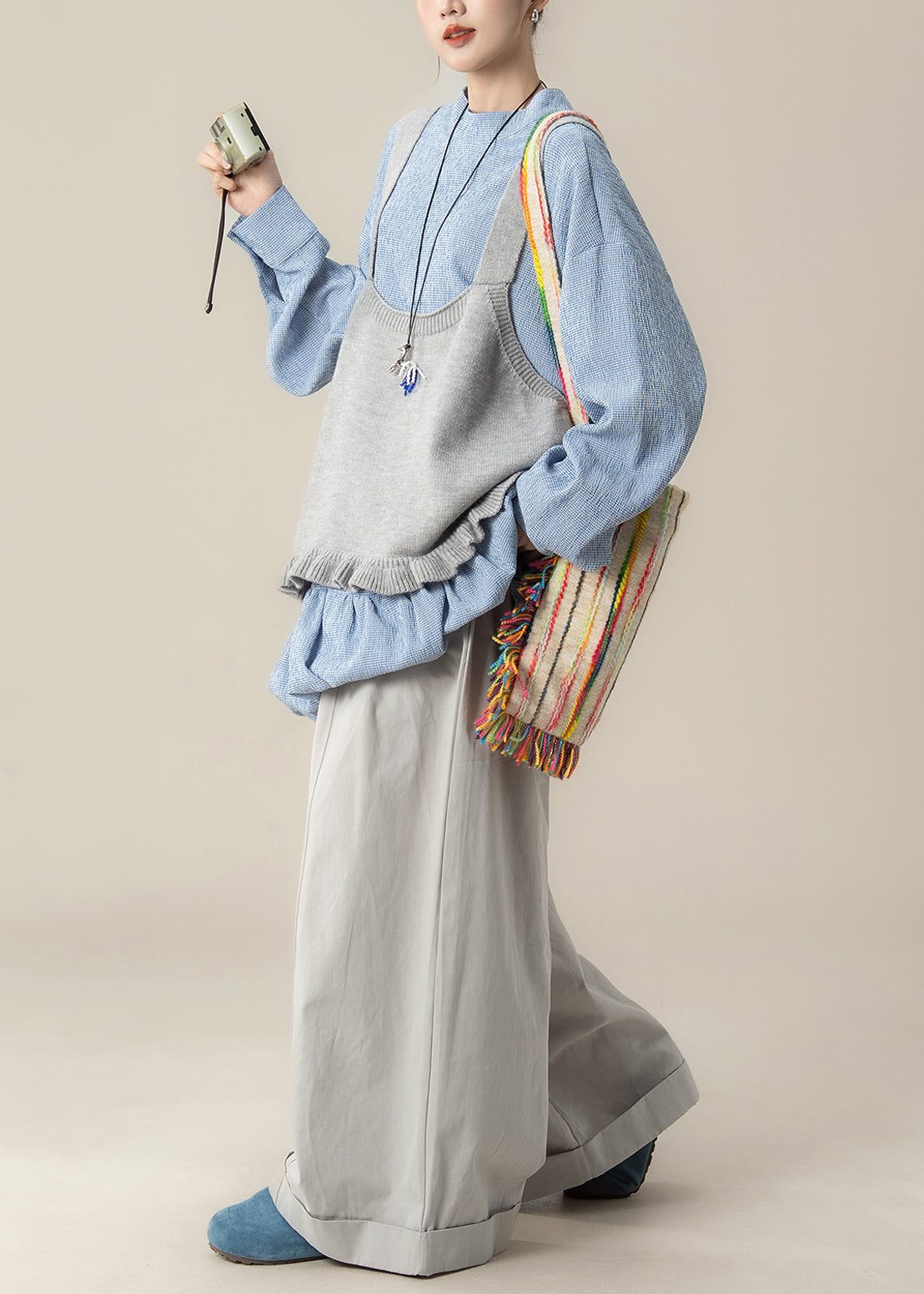 Loose Grey Ruffled Knit Vest Blue Lace Up Tops and Pants Cotton Three Piece Set Spring