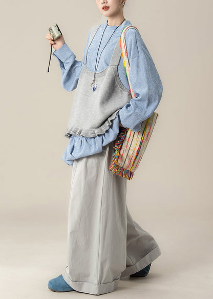 Loose Grey Ruffled Knit Vest Blue Lace Up Tops and Pants Cotton Three Piece Set Spring