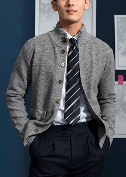 Loose Grey Stand Collar Button Pockets Knit Coats Spring