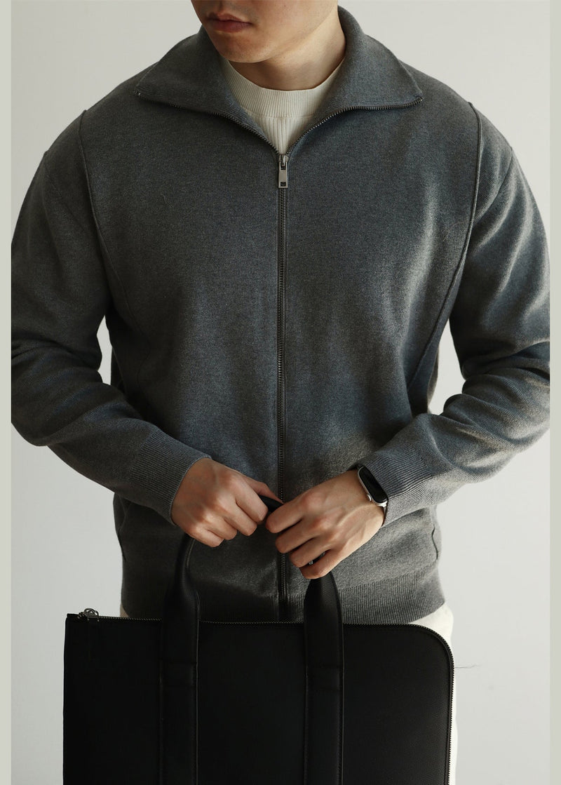 Loose Grey Stand Collar Zip Up Knit Coat Fall