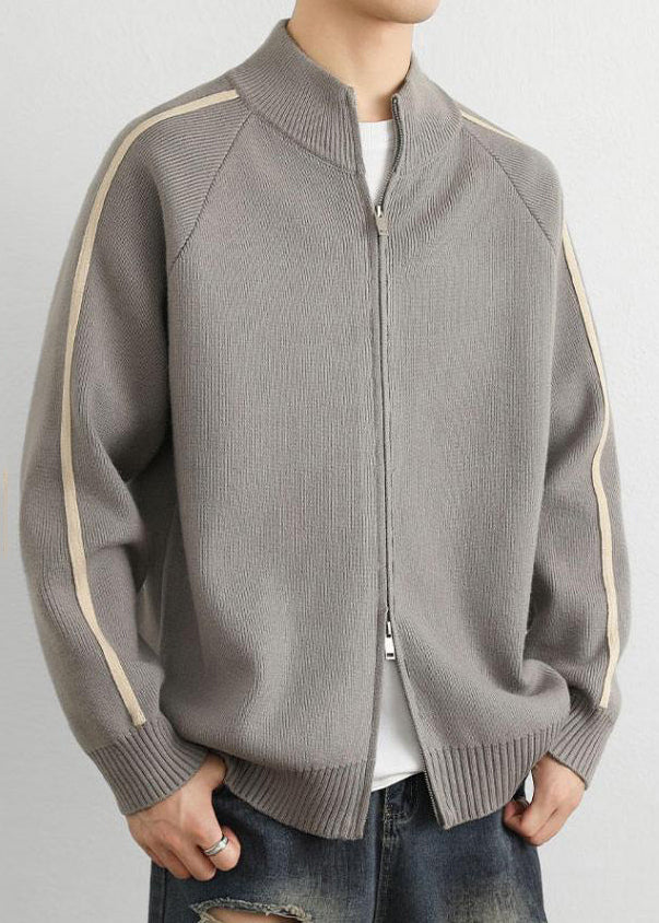 Loose Grey Stand Collar Zip Up Striped Knit Coat Spring