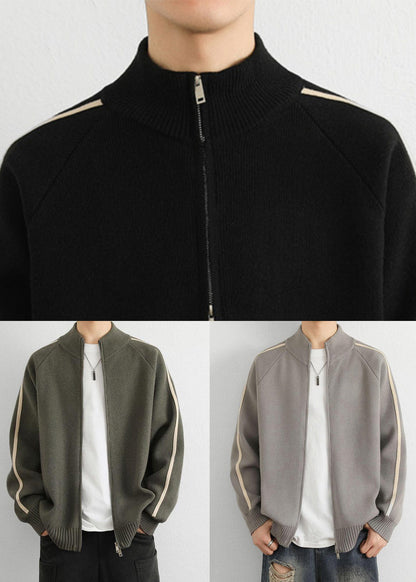 Loose Grey Stand Collar Zip Up Striped Knit Coat Spring