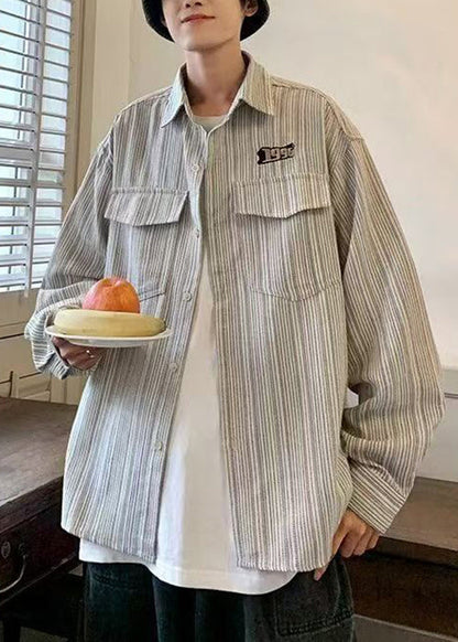 Loose Grey Striped Button Pockets Cotton Shirt Men Spring