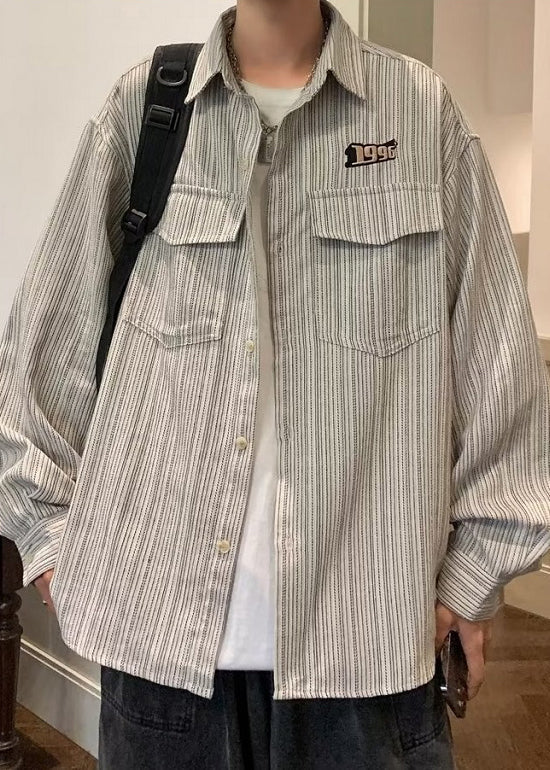 Loose Grey Striped Button Pockets Cotton Shirt Spring