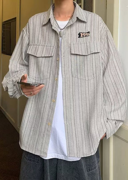 Loose Grey Striped Button Pockets Cotton Shirt Men Spring