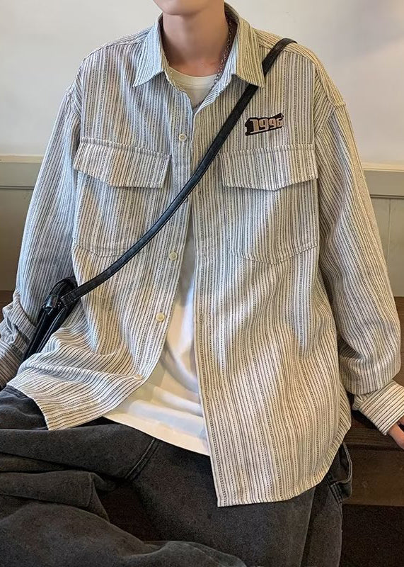 Loose Grey Striped Button Pockets Cotton Shirt Spring