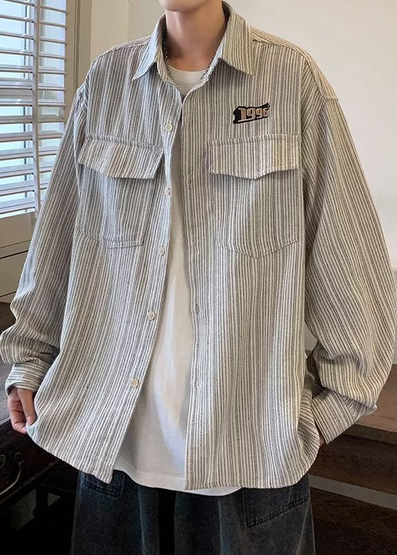 Loose Grey Striped Button Pockets Cotton Shirt Men Spring