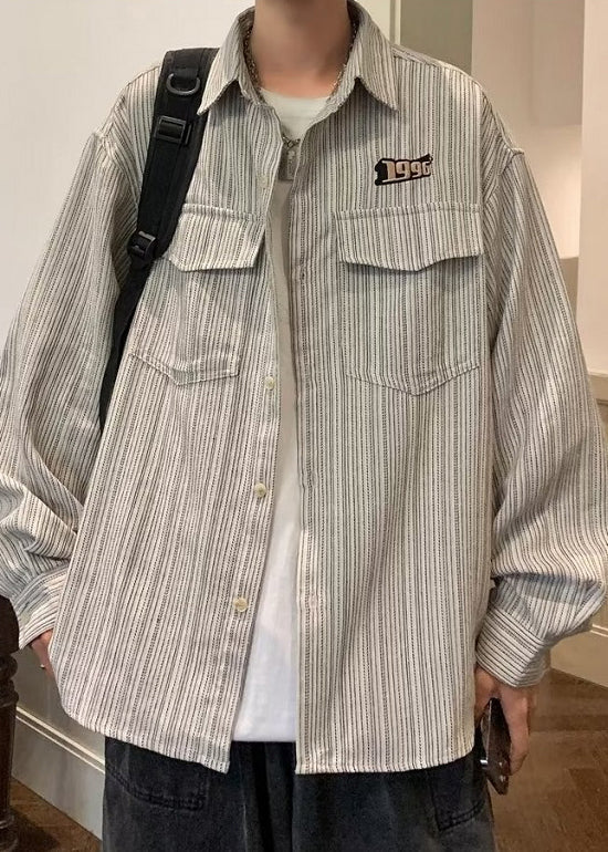 Loose Grey Striped Pockets Cotton Shirts Spring