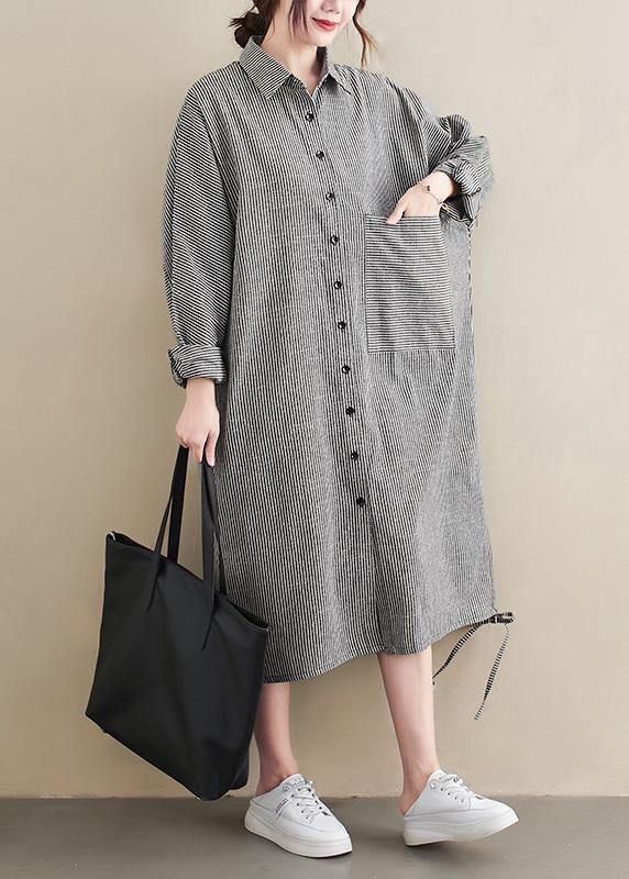 Loose Grey Striped Turn-down Colla Maxi Spring Cotton Dress