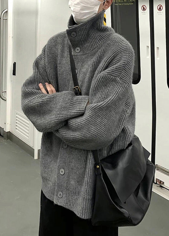 Loose Grey Turtleneck Button Knit Coats Winter