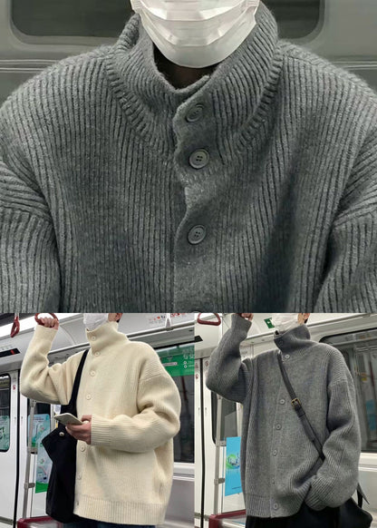 Loose Grey Turtleneck Button Knit Coats Winter