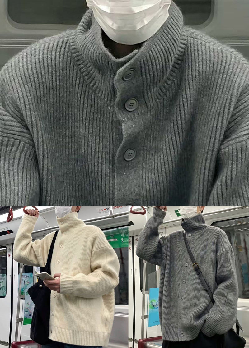 Loose Grey Turtleneck Button Knit Coats Winter