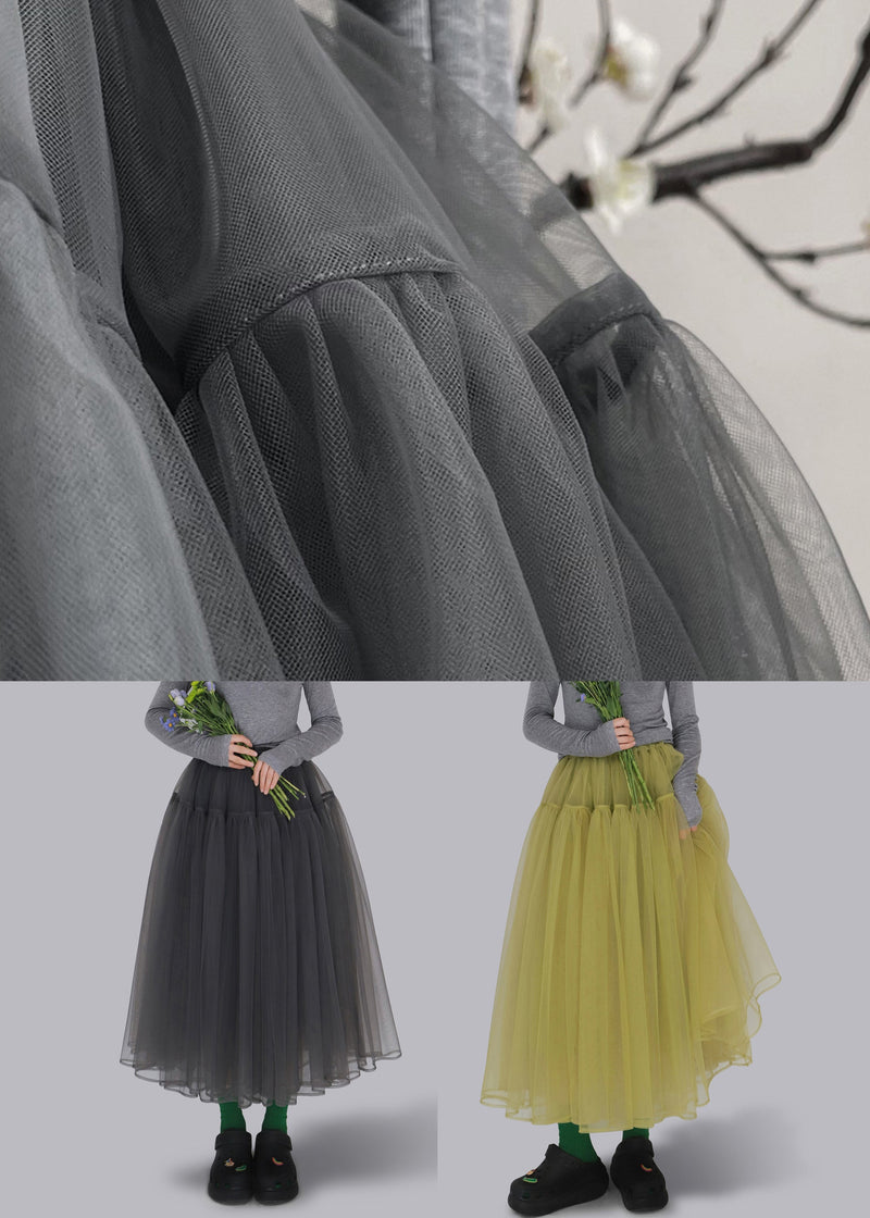 Loose Grey Wrinkled Elastic Waist Tulle Skirt Spring