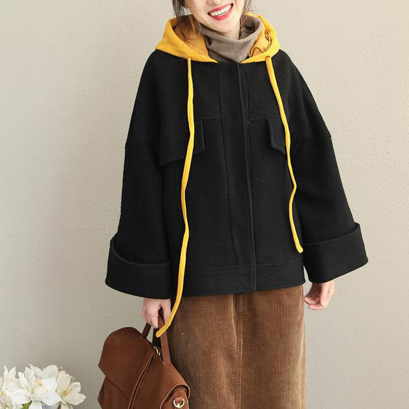 Loose Hoodie Black Fall Winter Short Woolen Coat Jackets