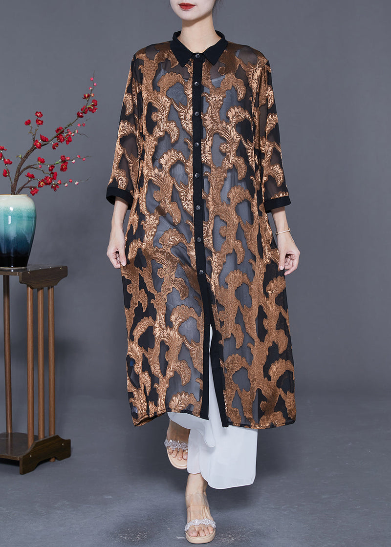Loose Khaki Jacquard Hollow Out Tulle Upf 50+ Long Cardigans Summer