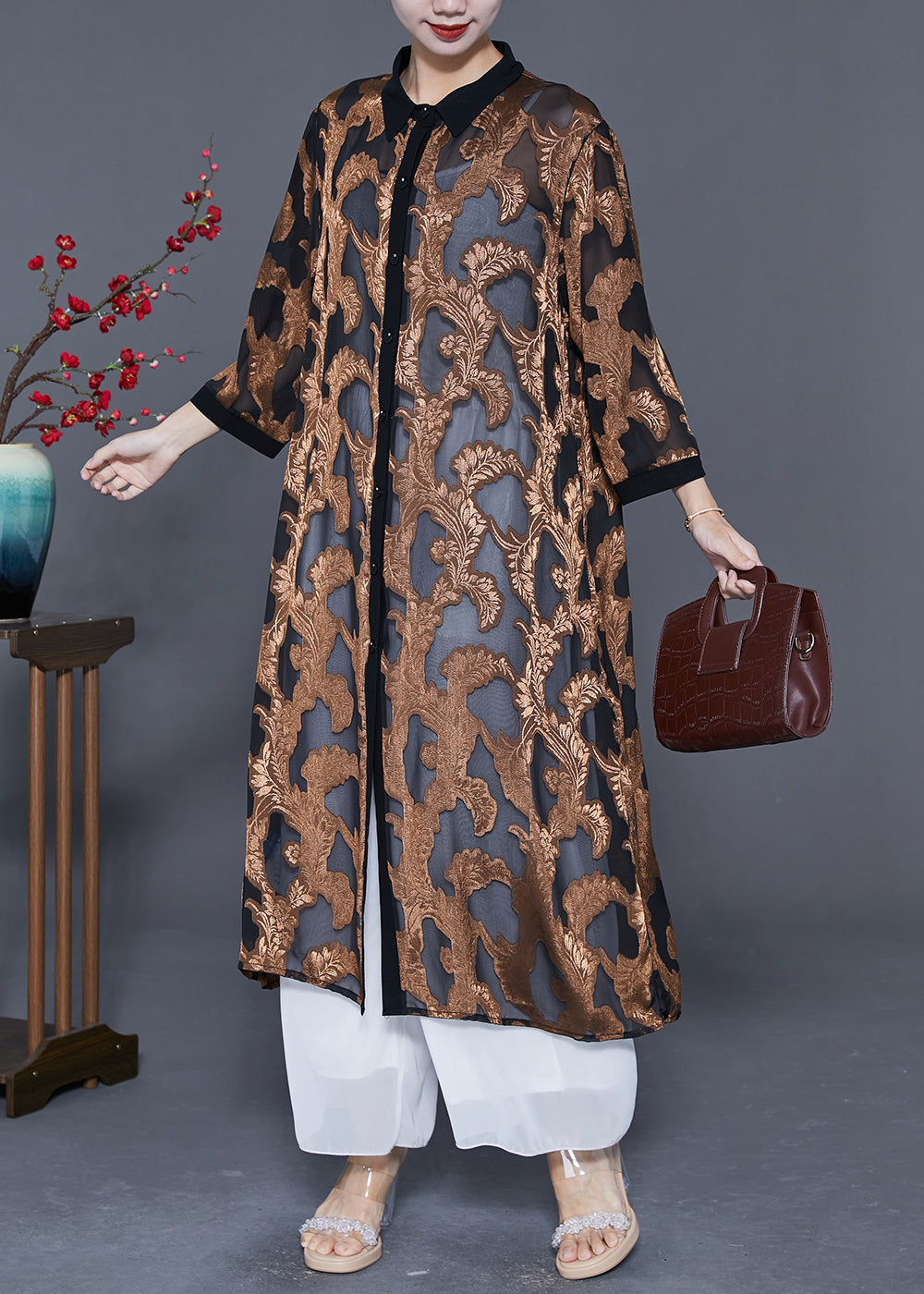 Loose Khaki Jacquard Hollow Out Tulle Upf 50+ Long Cardigans Summer