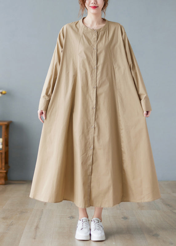 Loose Khaki O-neck Button Wrinkled Pocket Shirt Dresses Long Sleeve
