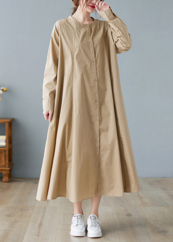Loose Khaki O-neck Button Wrinkled Pocket Shirt Dresses Long Sleeve