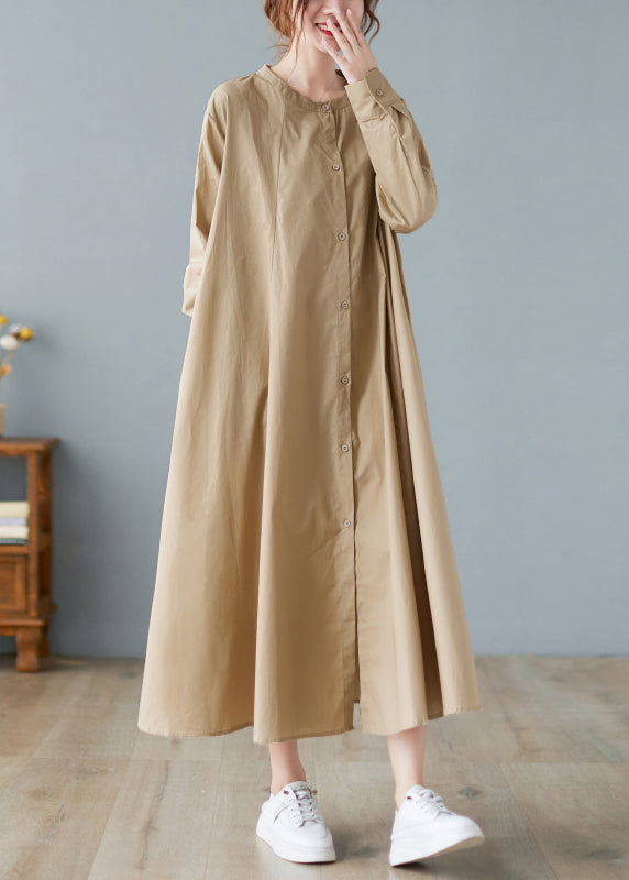 Loose Khaki O-neck Button Wrinkled Pocket Shirt Dresses Long Sleeve