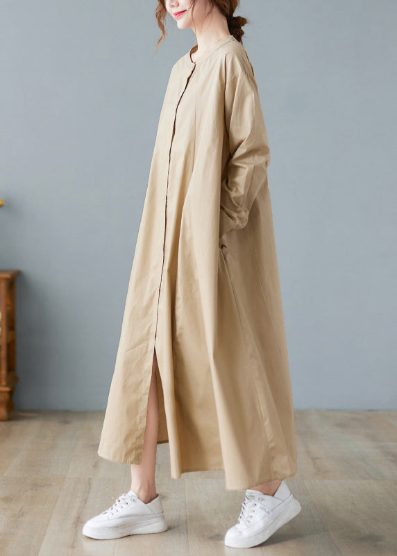 Loose Khaki O-neck Button Wrinkled Pocket Shirt Dresses Long Sleeve