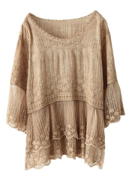 Loose Khaki O-neck Embroideried Patchwork Summer Shirts Half Sleeve
