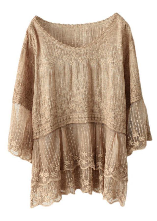 Loose Khaki O-neck Embroideried Patchwork Summer Shirts Half Sleeve