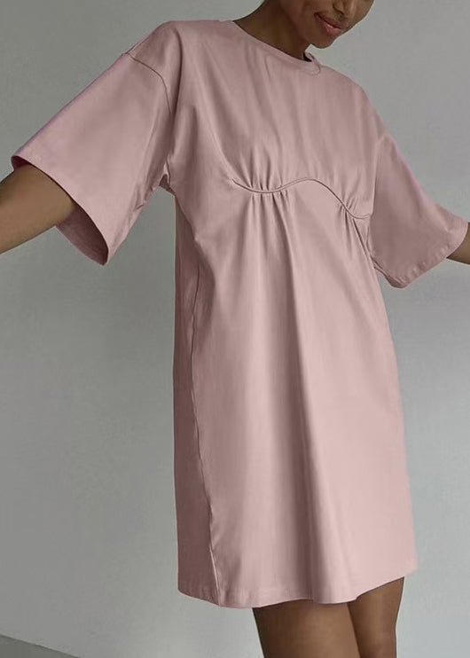 Loose Khaki O Neck Cotton Mid Dress Summer