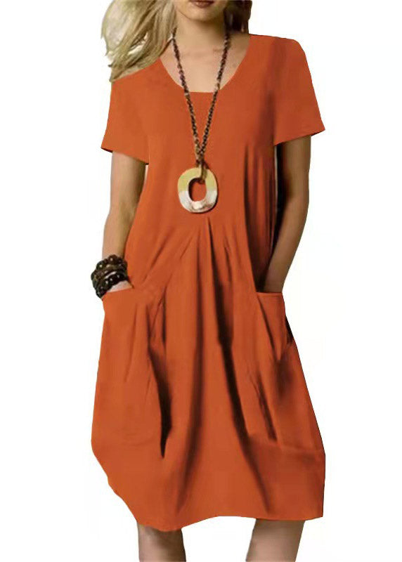 Loose Khaki O-neck Wrinkled Linen Long Dresses Short Sleeve