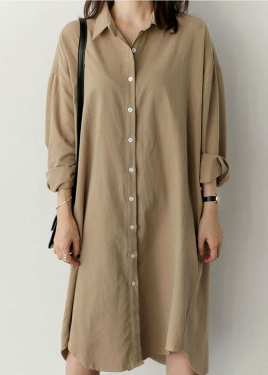 Loose Khaki Peter Pan Collar Button Cotton Top Shirts Spring