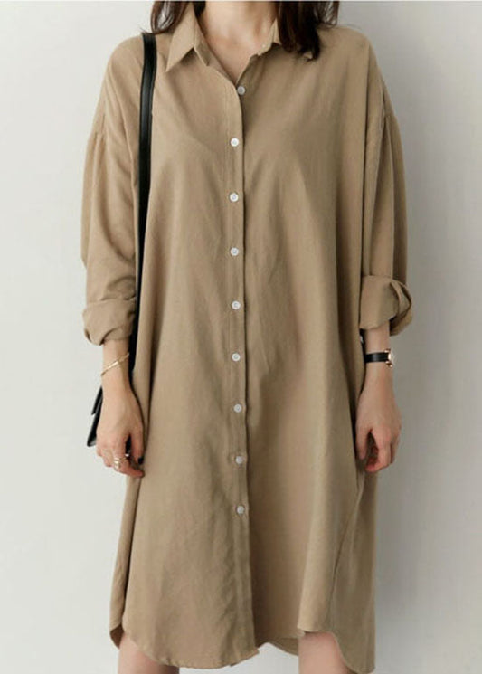 Loose Khaki Peter Pan Collar Button Cotton Top Shirts Spring