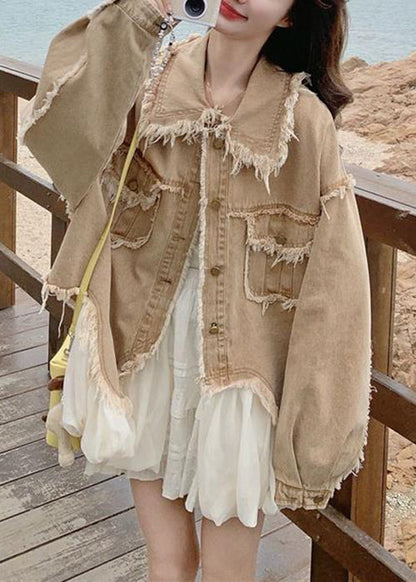 Loose Khaki Peter Pan Collar Raw Edge Pockets Denim Coats Spring