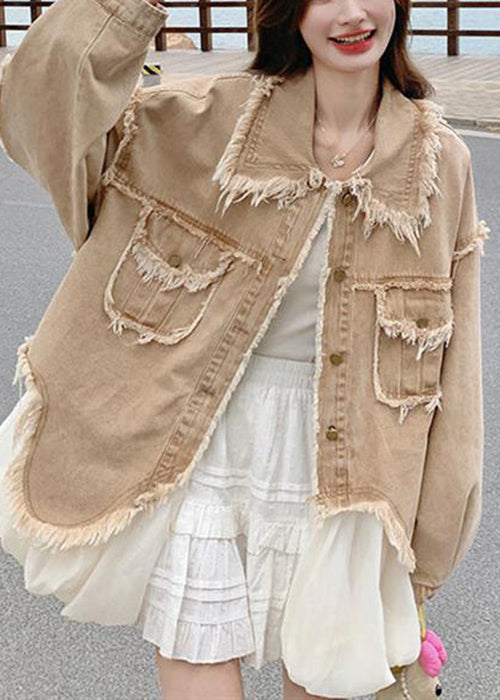 Loose Khaki Peter Pan Collar Raw Edge Pockets Denim Coats Spring