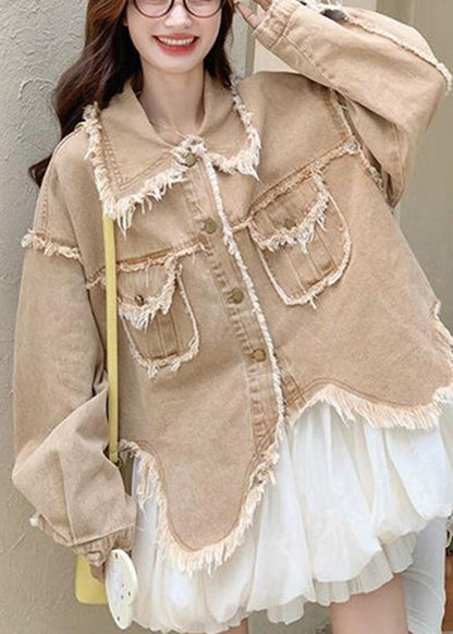 Loose Khaki Peter Pan Collar Raw Edge Pockets Denim Coats Spring