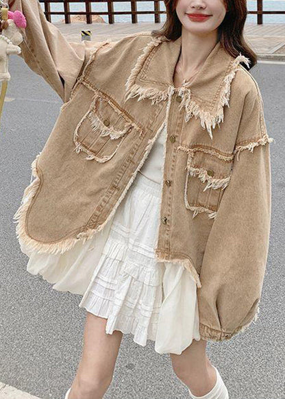 Loose Khaki Peter Pan Collar Raw Edge Pockets Denim Coats Spring