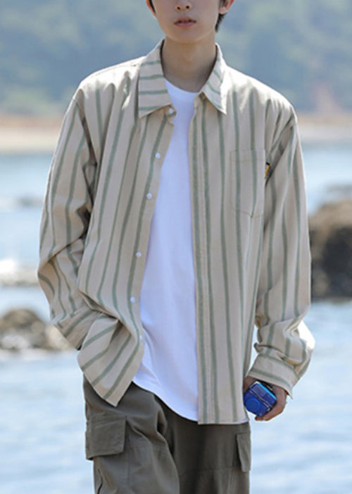 Loose Khaki Peter Pan Collar Striped Pockets Cotton Men Shirts Spring
