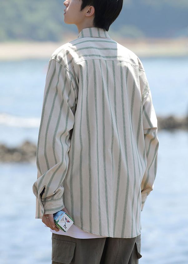 Loose Khaki Peter Pan Collar Striped Pockets Cotton Shirts Spring