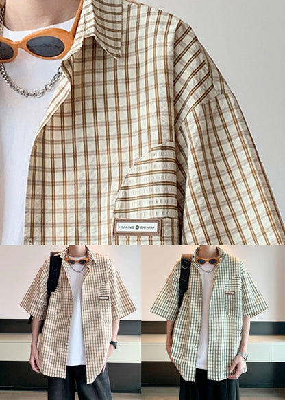 Loose Khaki Plaid Button Cotton Shirt Half Sleeve