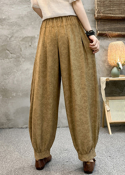 Loose Khaki Pockets Elastic Waist Cotton Crop Pants Summer