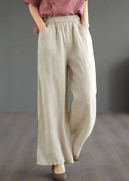 Loose Khaki Pockets Elastic Waist Linen Wide Leg Pants Summer