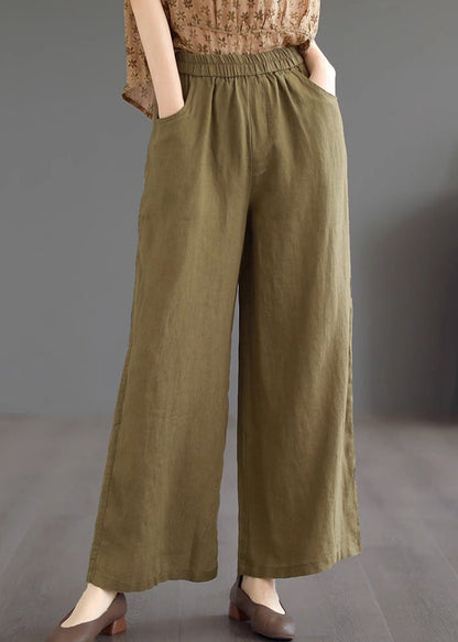 Loose Khaki Pockets Elastic Waist Linen Wide Leg Pants Summer