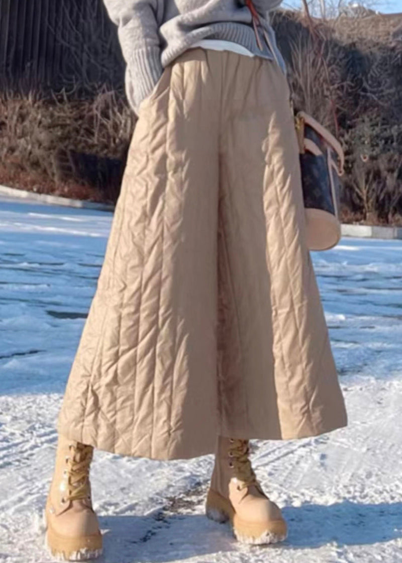 Loose Khaki Pockets Elastic Waist Thick Cotton Filled Wide Leg Pants Winter