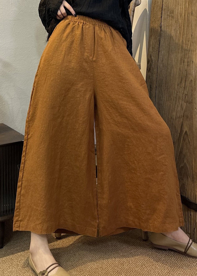 Loose Khaki Elastic Waist Linen Wide Leg Pants Summer