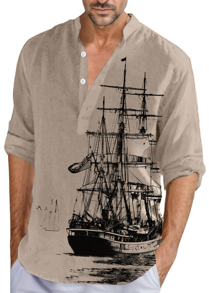 Loose Khaki Stand Collar Print Button Cotton Men Shirts Fall