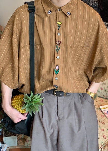 Loose Khaki Striped Button Print Cotton Shirt Summer