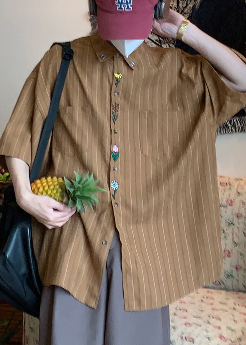 Loose Khaki Striped Button Print Cotton Shirt Summer