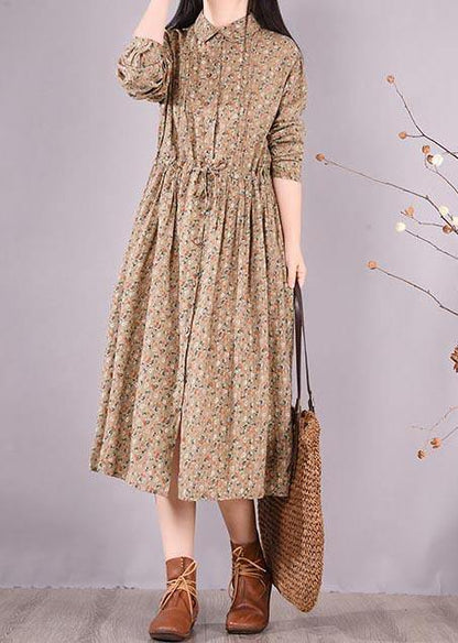 Loose Lapel Drawstring Spring Tunic Pattern Sewing Khaki Print Maxi Dresses