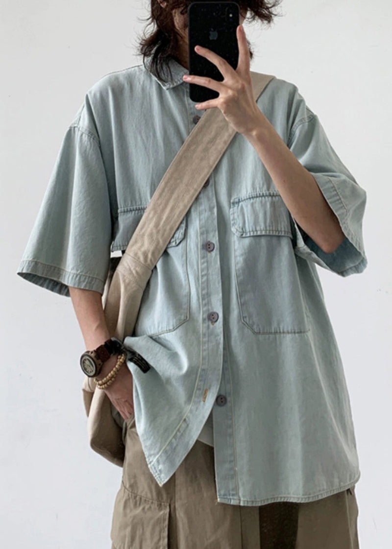 Loose Light Blue Button Pockets Denim Shirts Summer