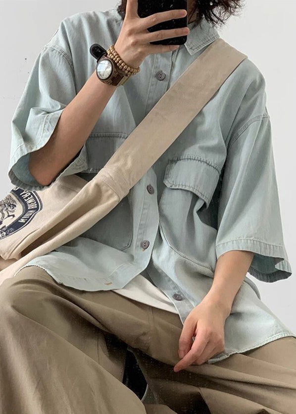 Loose Light Blue Button Pockets Denim Shirts Summer
