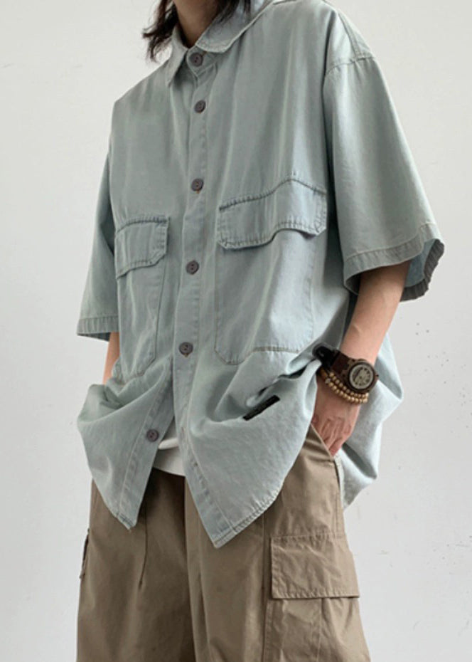 Loose Light Blue Button Pockets Denim Shirts Summer