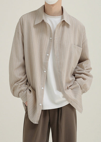 Loose Light Blue Pockets Cotton Men Shirts Peter Pan Collar Spring